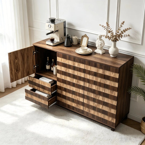 English Elm 55 Inch Rustic Farmhouse Sideboard with Star Cutout Doors Drawers and Adjustable Shelving W2977P522568