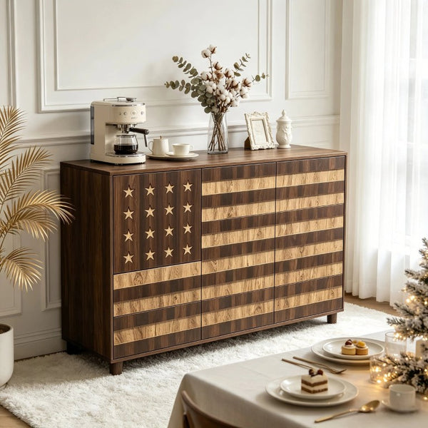 English Elm 55 Inch Rustic Farmhouse Sideboard with Star Cutout Doors Drawers and Adjustable Shelving W2977P522568