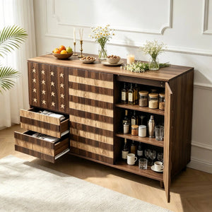English Elm 55 Inch Rustic Farmhouse Sideboard with Star Cutout Doors Drawers and Adjustable Shelving W2977P522568