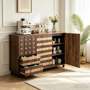 English Elm 55 Inch Rustic Farmhouse Sideboard with Star Cutout Doors Drawers and Adjustable Shelving W2977P522568
