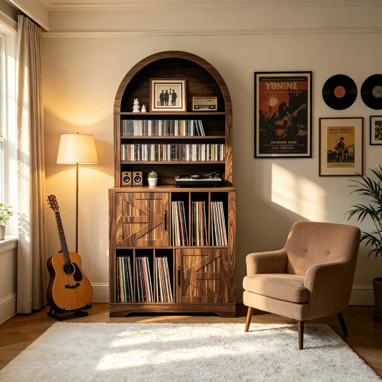 English Elm Arched Bookshelf Cabinet Freestanding Turntable Stand with Mid-Century Wood Finish W2977P536709
