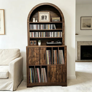 English Elm Arched Bookshelf Cabinet Freestanding Turntable Stand with Mid-Century Wood Finish W2977P536709