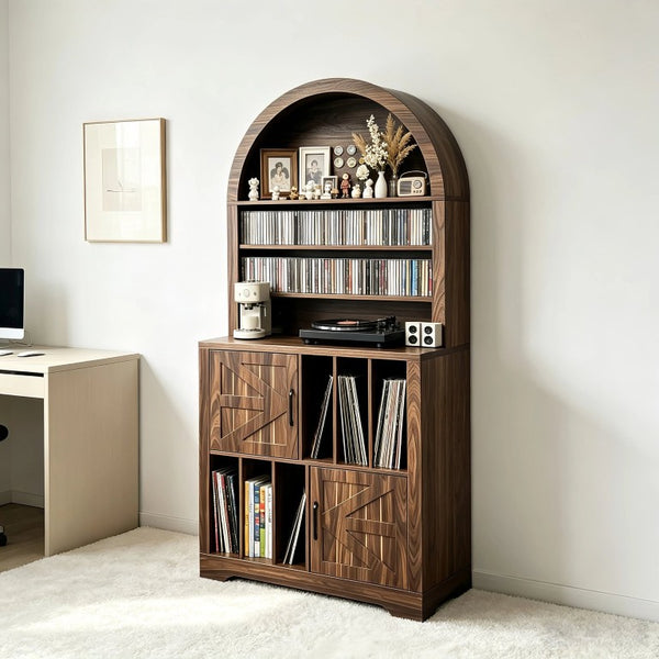 English Elm Arched Bookshelf Cabinet Freestanding Turntable Stand with Mid-Century Wood Finish W2977P536709