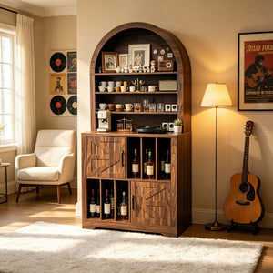 English Elm Arched Bookshelf Cabinet Freestanding Turntable Stand with Mid-Century Wood Finish W2977P536709
