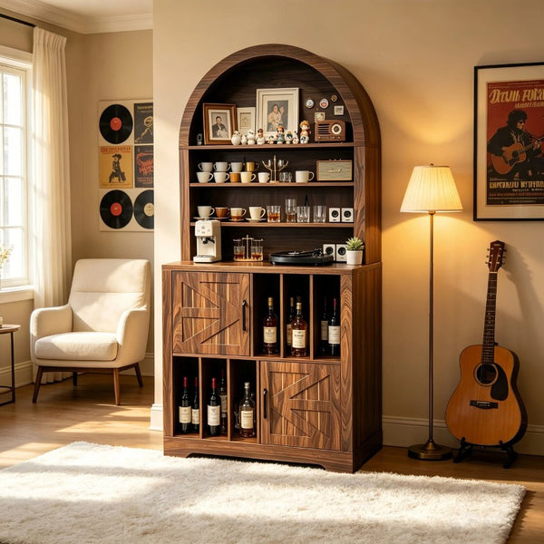 English Elm Arched Bookshelf Cabinet Freestanding Turntable Stand with Mid-Century Wood Finish W2977P536709