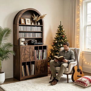 English Elm Arched Bookshelf Cabinet Freestanding Turntable Stand with Mid-Century Wood Finish W2977P536709