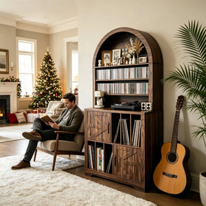English Elm Arched Bookshelf Cabinet Freestanding Turntable Stand with Mid-Century Wood Finish W2977P536709