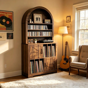 English Elm Arched Bookshelf Cabinet Freestanding Turntable Stand with Mid-Century Wood Finish W2977P536709