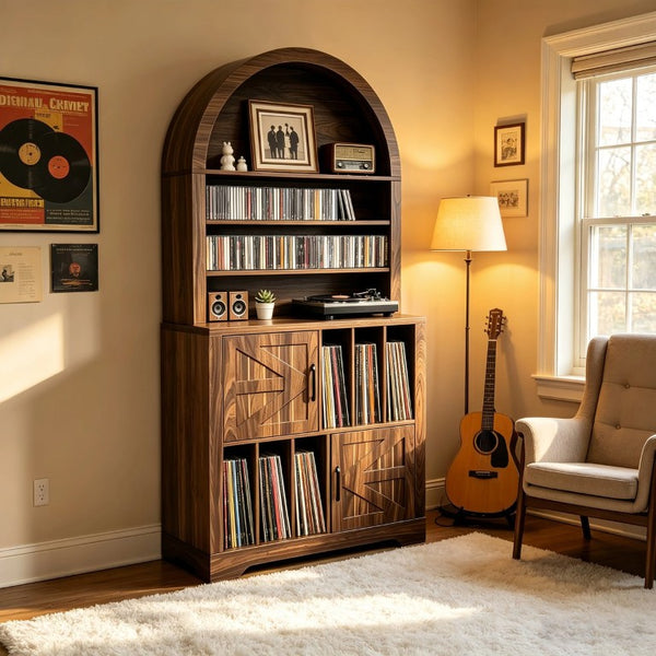 English Elm Arched Bookshelf Cabinet Freestanding Turntable Stand with Mid-Century Wood Finish W2977P536709