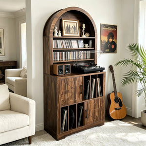 English Elm Arched Bookshelf Cabinet Freestanding Turntable Stand with Mid-Century Wood Finish W2977P536709