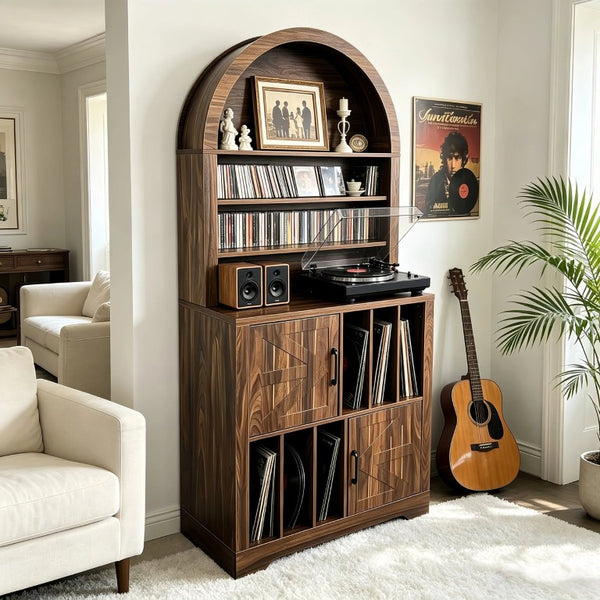 English Elm Arched Bookshelf Cabinet Freestanding Turntable Stand with Mid-Century Wood Finish W2977P536709