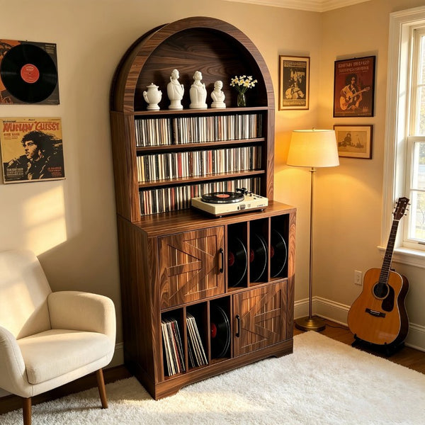 English Elm Arched Bookshelf Cabinet Freestanding Turntable Stand with Mid-Century Wood Finish W2977P536709