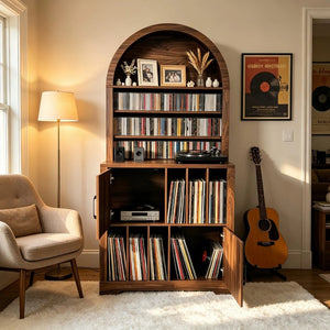 English Elm Arched Bookshelf Cabinet Freestanding Turntable Stand with Mid-Century Wood Finish W2977P536709