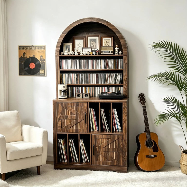 English Elm Arched Bookshelf Cabinet Freestanding Turntable Stand with Mid-Century Wood Finish W2977P536709