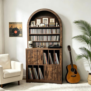 English Elm Arched Bookshelf Cabinet Freestanding Turntable Stand with Mid-Century Wood Finish W2977P536709