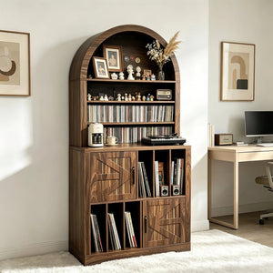 English Elm Arched Bookshelf Cabinet Freestanding Turntable Stand with Mid-Century Wood Finish W2977P536709