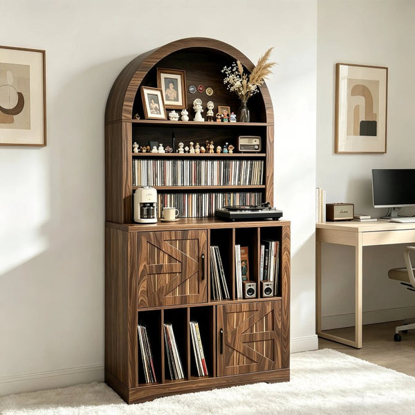 English Elm Arched Bookshelf Cabinet Freestanding Turntable Stand with Mid-Century Wood Finish W2977P536709
