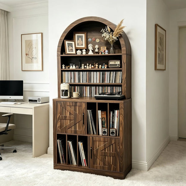 English Elm Arched Bookshelf Cabinet Freestanding Turntable Stand with Mid-Century Wood Finish W2977P536709