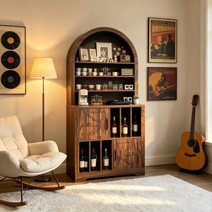 English Elm Arched Bookshelf Cabinet Freestanding Turntable Stand with Mid-Century Wood Finish W2977P536709