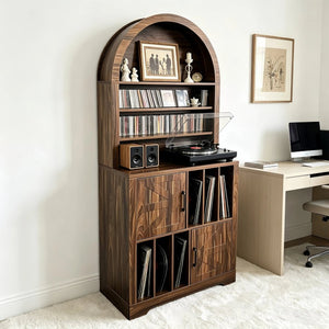 English Elm Arched Bookshelf Cabinet Freestanding Turntable Stand with Mid-Century Wood Finish W2977P536709