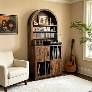 English Elm Arched Bookshelf Cabinet Freestanding Turntable Stand with Mid-Century Wood Finish W2977P536709