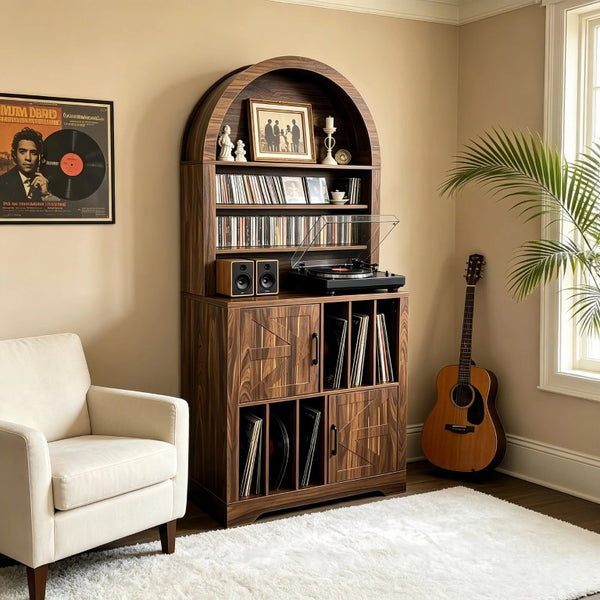 English Elm Arched Bookshelf Cabinet Freestanding Turntable Stand with Mid-Century Wood Finish W2977P536709