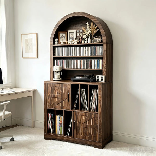 English Elm Arched Bookshelf Cabinet Freestanding Turntable Stand with Mid-Century Wood Finish W2977P536709