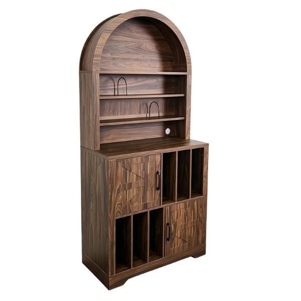 English Elm Arched Bookshelf Cabinet Freestanding Turntable Stand with Mid-Century Wood Finish W2977P536709