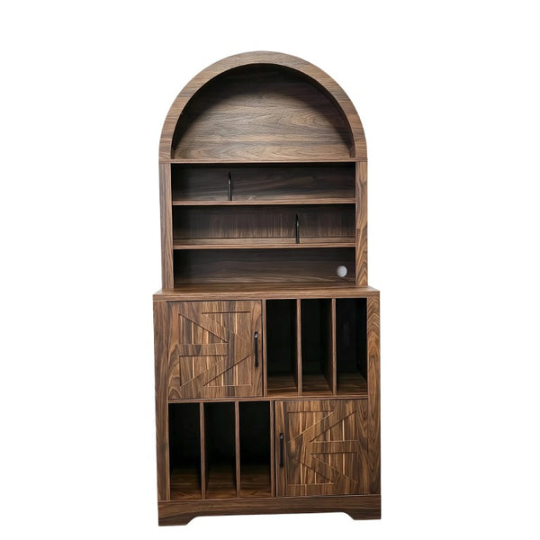 English Elm Arched Bookshelf Cabinet Freestanding Turntable Stand with Mid-Century Wood Finish W2977P536709
