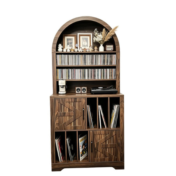 English Elm Arched Bookshelf Cabinet Freestanding Turntable Stand with Mid-Century Wood Finish W2977P536709
