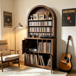 English Elm Arched Bookshelf Cabinet Freestanding Turntable Stand with Mid-Century Wood Finish W2977P536709