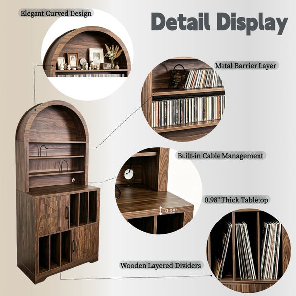 English Elm Arched Bookshelf Cabinet Freestanding Turntable Stand with Mid-Century Wood Finish W2977P536709