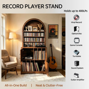 English Elm Arched Bookshelf Cabinet Freestanding Turntable Stand with Mid-Century Wood Finish W2977P536709