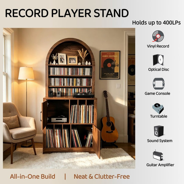 English Elm Arched Bookshelf Cabinet Freestanding Turntable Stand with Mid-Century Wood Finish W2977P536709