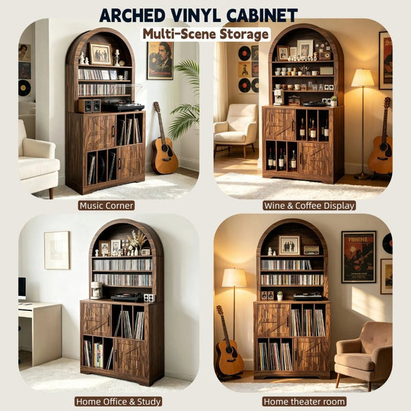 English Elm Arched Bookshelf Cabinet Freestanding Turntable Stand with Mid-Century Wood Finish W2977P536709