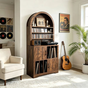 English Elm Arched Bookshelf Cabinet Freestanding Turntable Stand with Mid-Century Wood Finish W2977P536709