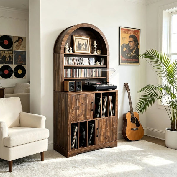 English Elm Arched Bookshelf Cabinet Freestanding Turntable Stand with Mid-Century Wood Finish W2977P536709