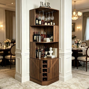 English Elm Tall Farmhouse Corner Bar Cabinet with Wine Glass Rack and Open Display Shelving Walnut Brown W2977P536711