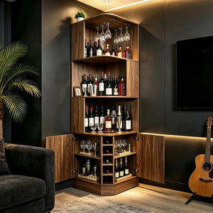 English Elm Tall Farmhouse Corner Bar Cabinet with Wine Glass Rack and Open Display Shelving Walnut Brown W2977P536711