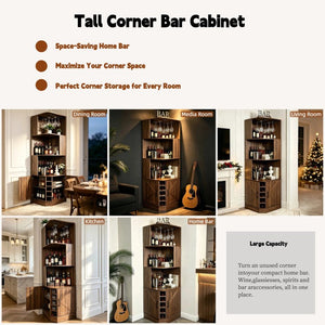 English Elm Tall Farmhouse Corner Bar Cabinet with Wine Glass Rack and Open Display Shelving Walnut Brown W2977P536711