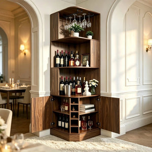 English Elm Tall Farmhouse Corner Bar Cabinet with Wine Glass Rack and Open Display Shelving Walnut Brown W2977P536711