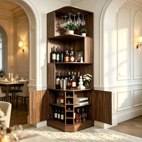 English Elm Tall Farmhouse Corner Bar Cabinet with Wine Glass Rack and Open Display Shelving Walnut Brown W2977P536711