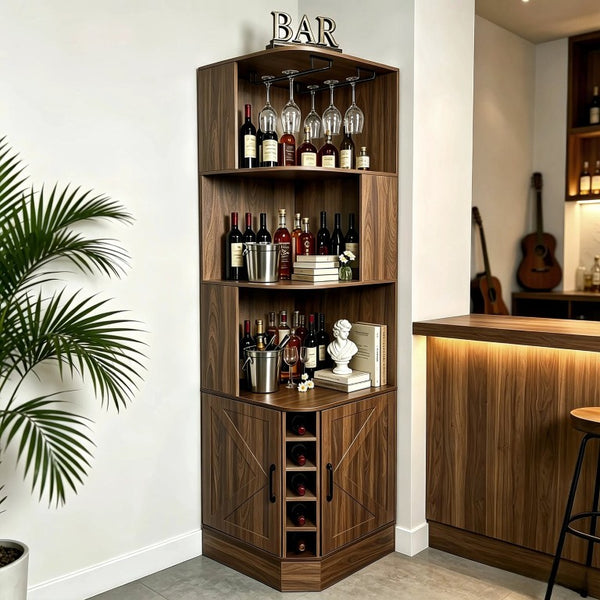 English Elm Tall Farmhouse Corner Bar Cabinet with Wine Glass Rack and Open Display Shelving Walnut Brown W2977P536711