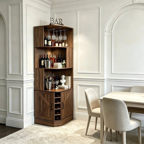 English Elm Tall Farmhouse Corner Bar Cabinet with Wine Glass Rack and Open Display Shelving Walnut Brown W2977P536711