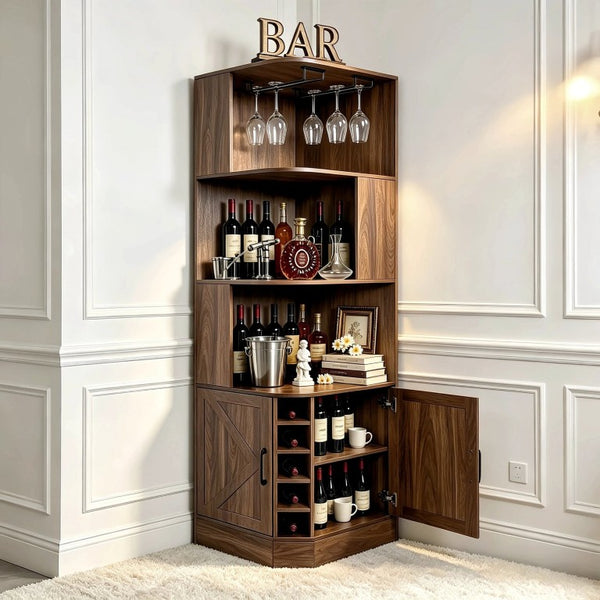 English Elm Tall Farmhouse Corner Bar Cabinet with Wine Glass Rack and Open Display Shelving Walnut Brown W2977P536711