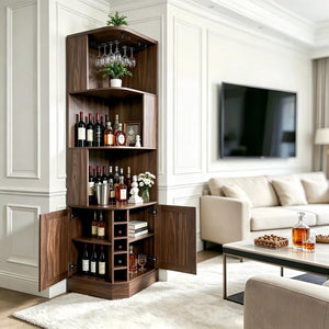 English Elm Tall Farmhouse Corner Bar Cabinet with Wine Glass Rack and Open Display Shelving Walnut Brown W2977P536711