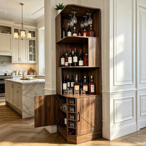 English Elm Tall Farmhouse Corner Bar Cabinet with Wine Glass Rack and Open Display Shelving Walnut Brown W2977P536711