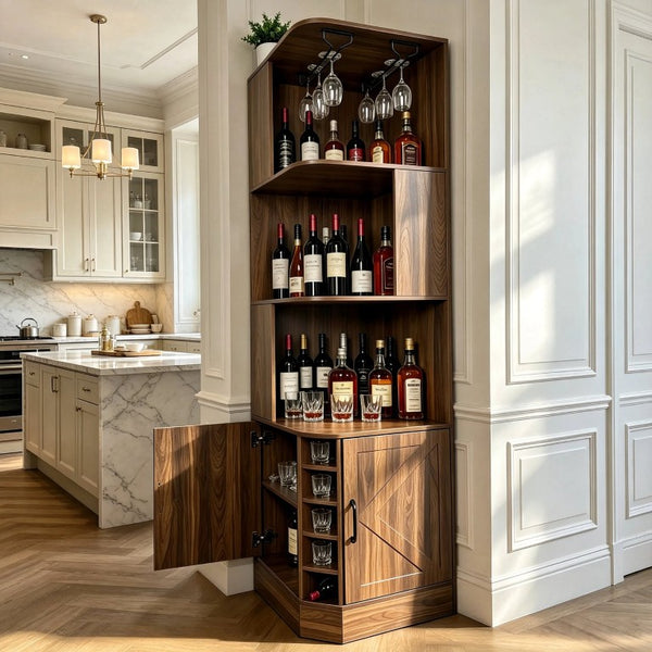 English Elm Tall Farmhouse Corner Bar Cabinet with Wine Glass Rack and Open Display Shelving Walnut Brown W2977P536711