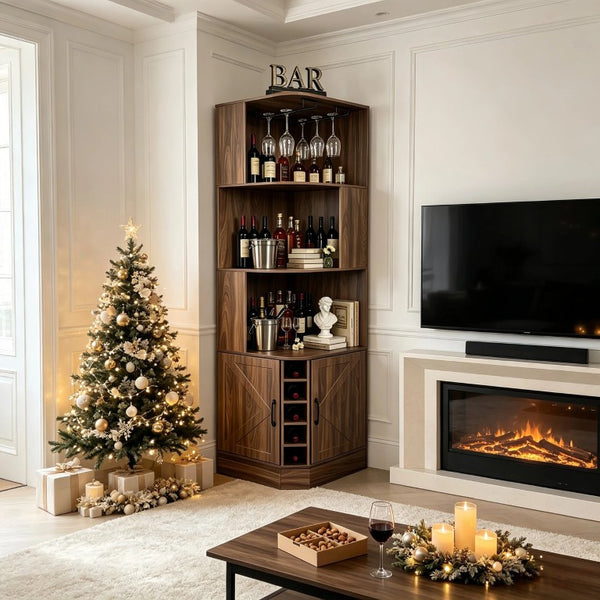 English Elm Tall Farmhouse Corner Bar Cabinet with Wine Glass Rack and Open Display Shelving Walnut Brown W2977P536711