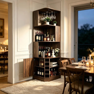 English Elm Tall Farmhouse Corner Bar Cabinet with Wine Glass Rack and Open Display Shelving Walnut Brown W2977P536711